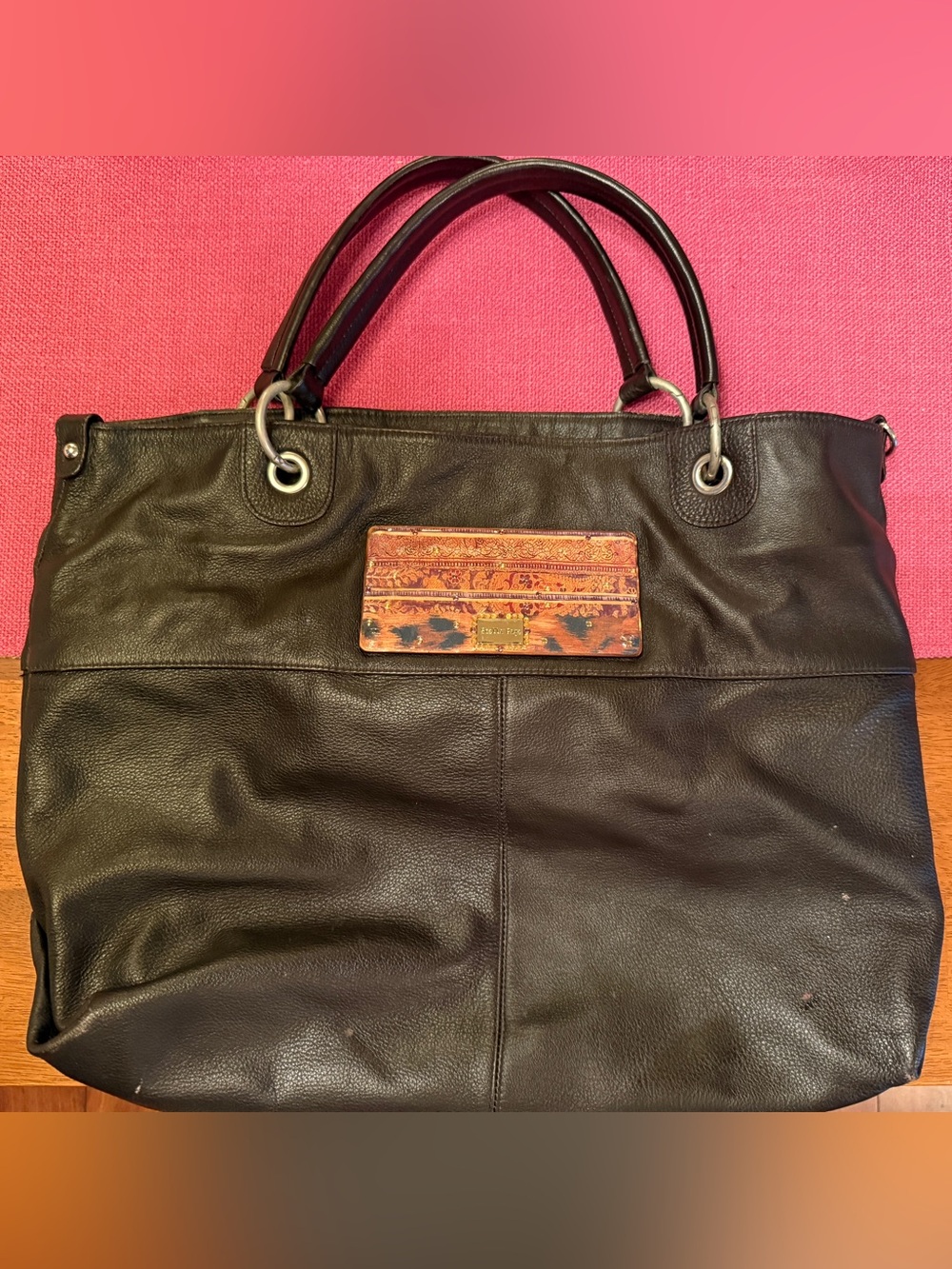 Vintage Stella Page Brown Tote w decoupage Plate. Certification # on bag.